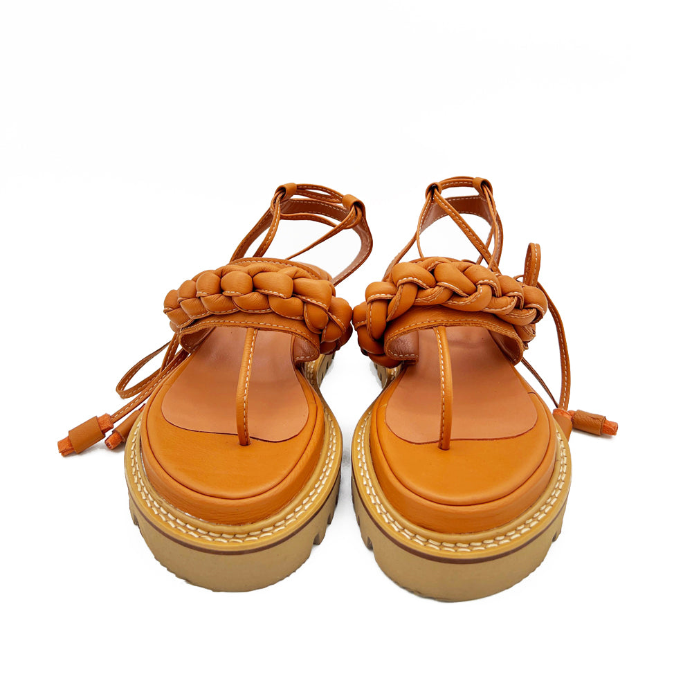 T-strappy Braided camel leather sandals