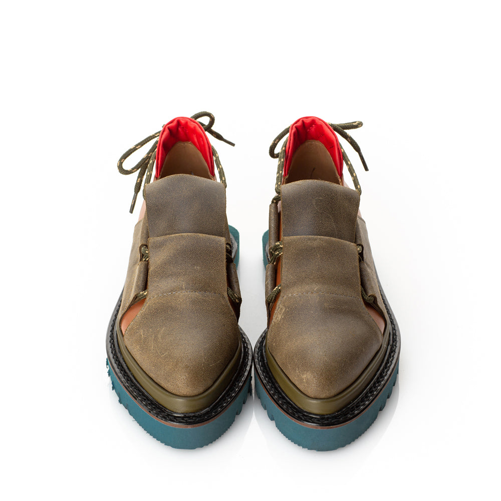 Turquoise sole and red leather back details shoes
