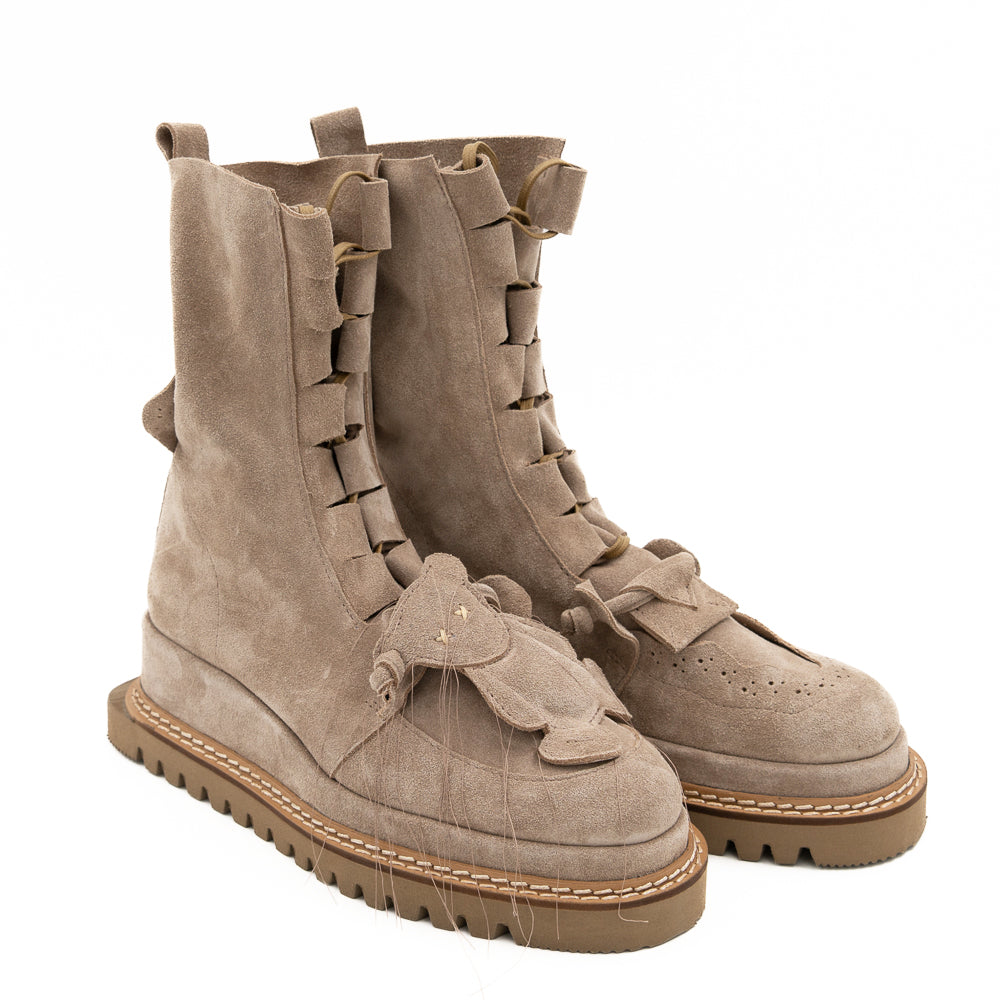 Why so Serious beige suede lace-up booties