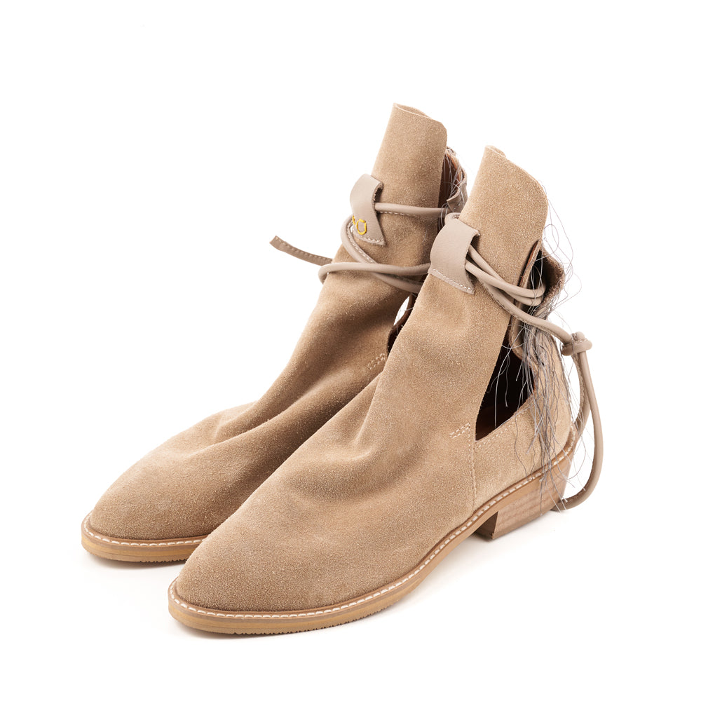 XOXO Paper Game beige suede cut-out booties