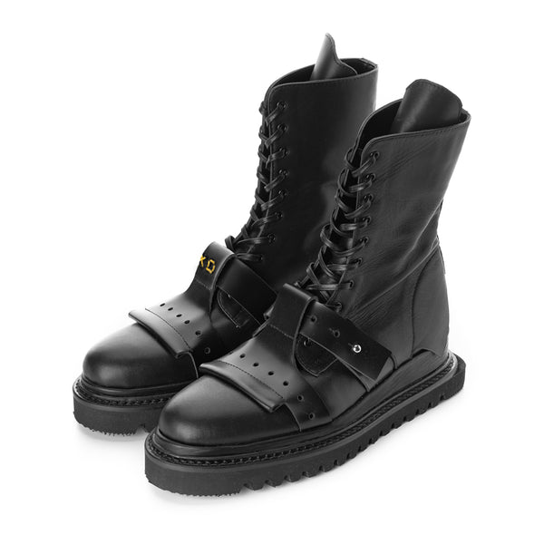 XOXO Paper Game black leather lace-up booties
