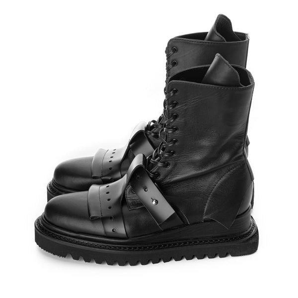 XOXO Paper Game black leather lace-up booties