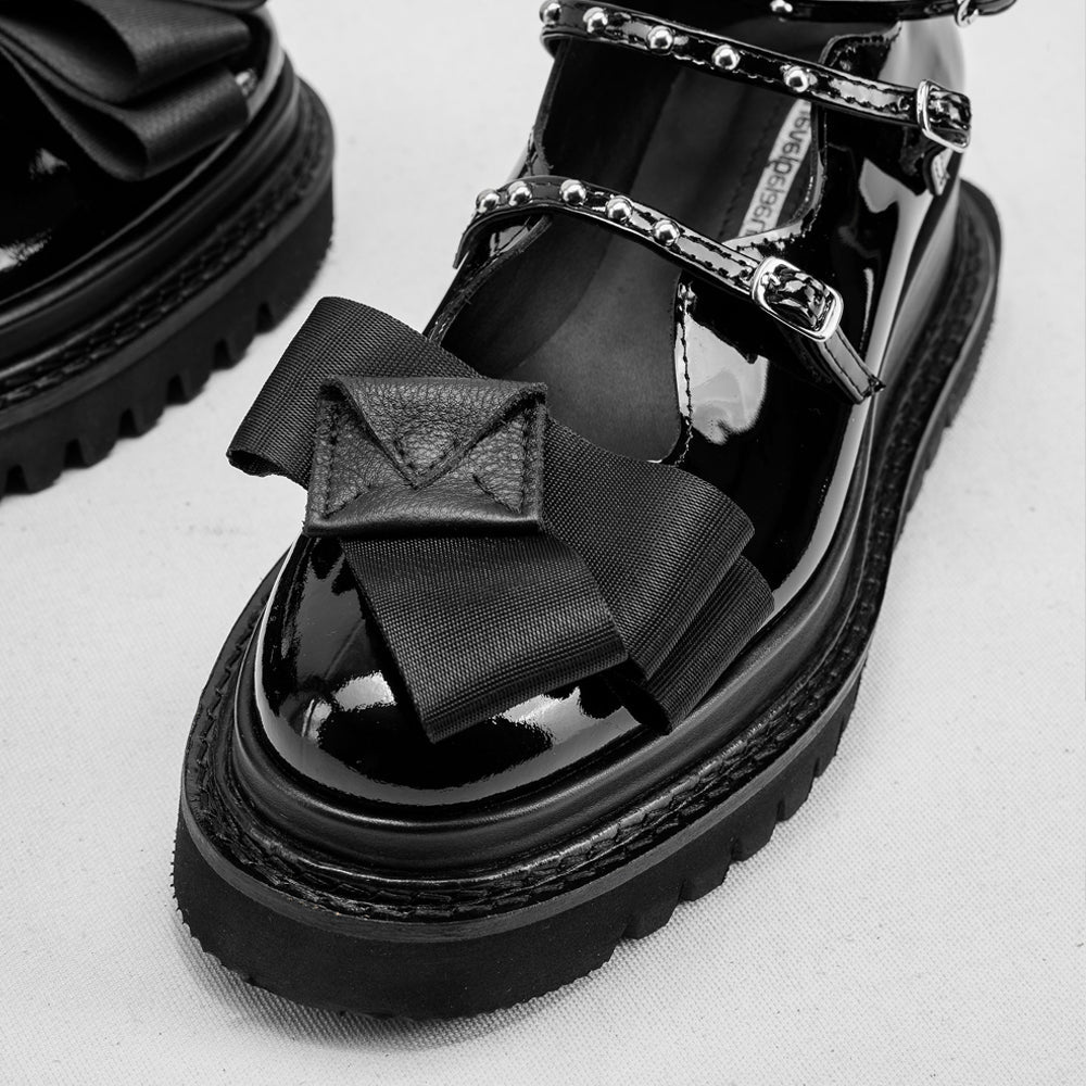 You’ve Got a Message black patent strappy shoes