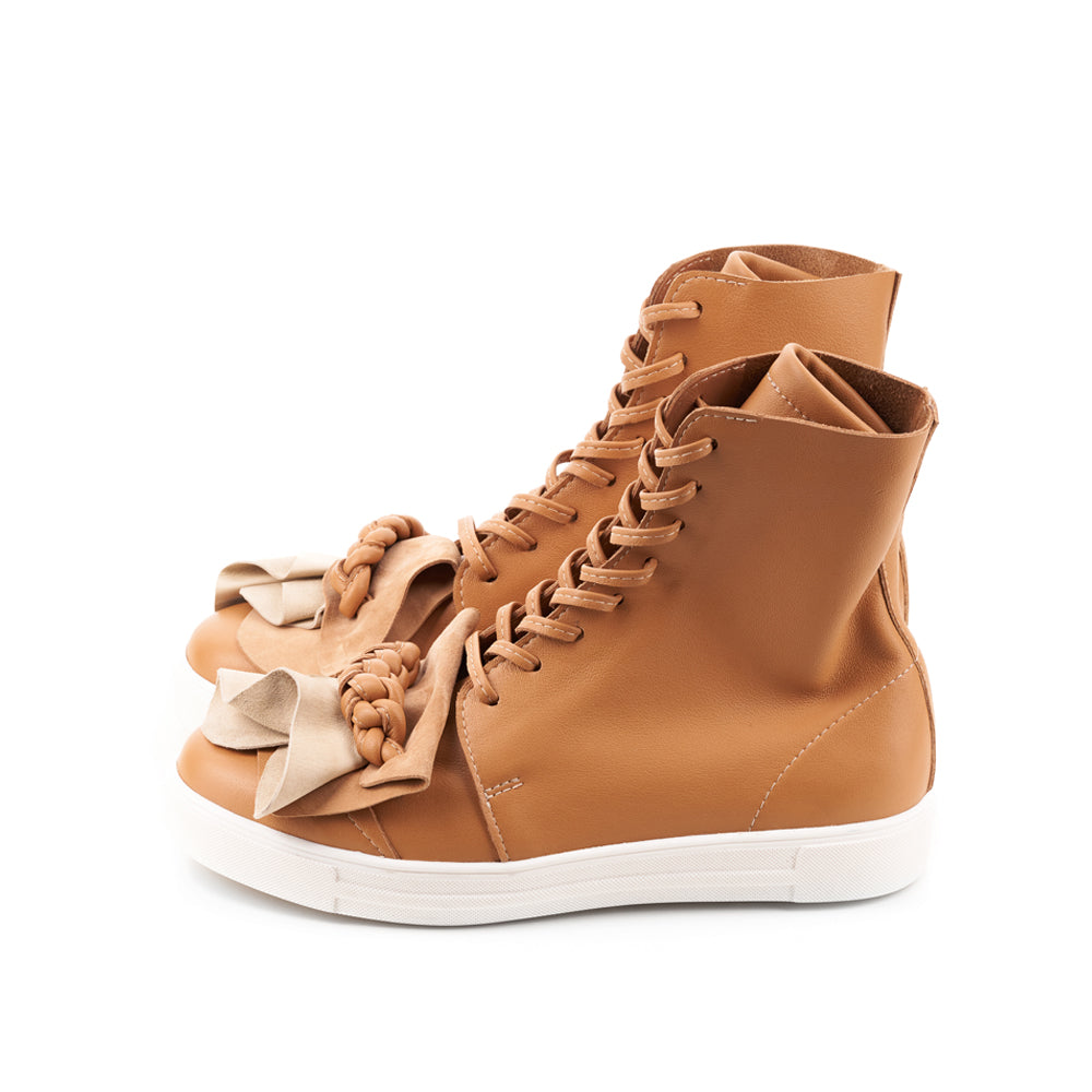 You can run, but you can’t hide camel leather high-top sneakers