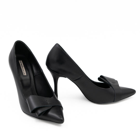After Party black leather pumps showing the pointed toe and stiletto heel in a front-and-side arrangement.