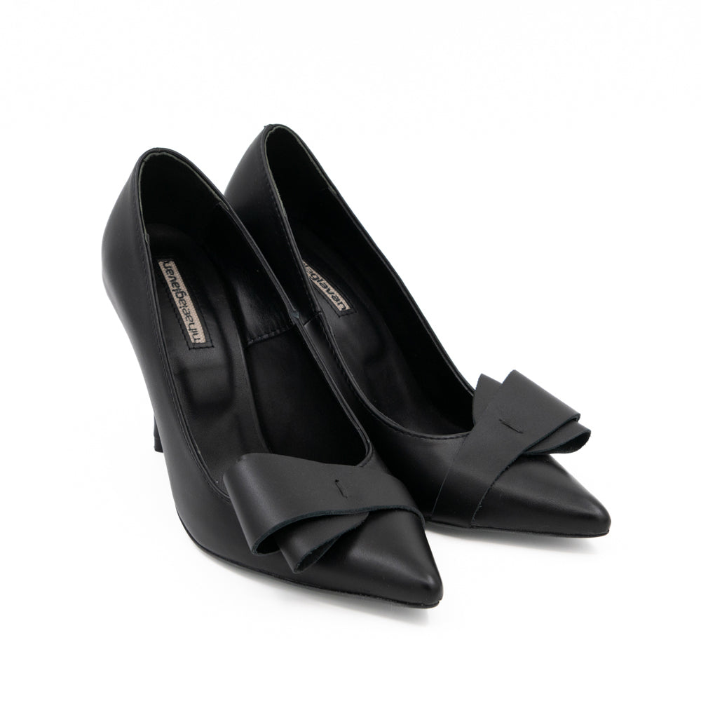 After Party black leather pumps with sculptural bow details, viewed from the opposite angle.