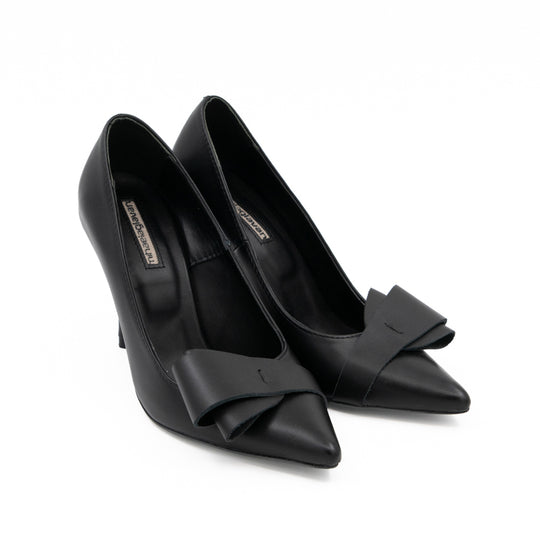 After Party black leather pumps with sculptural bow details, viewed from the opposite angle.
