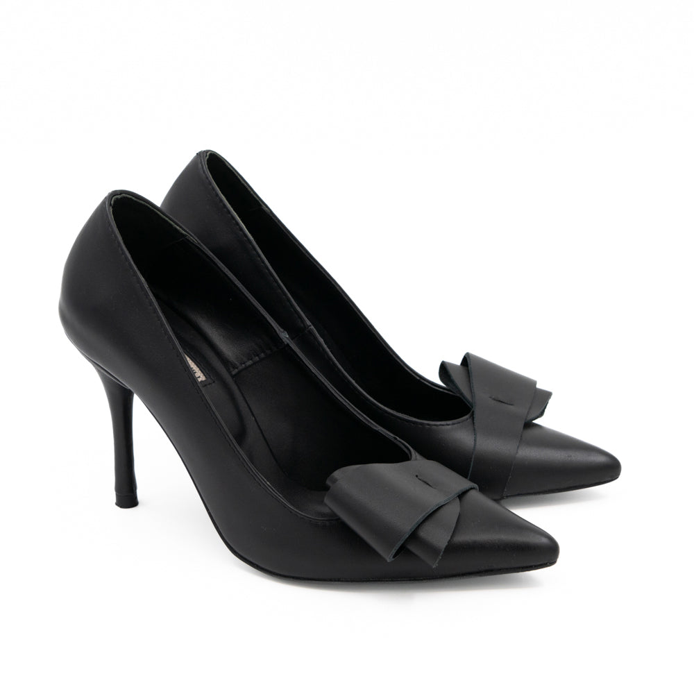 After Party black leather pumps with bow details and slender stiletto heels, side-angle view.