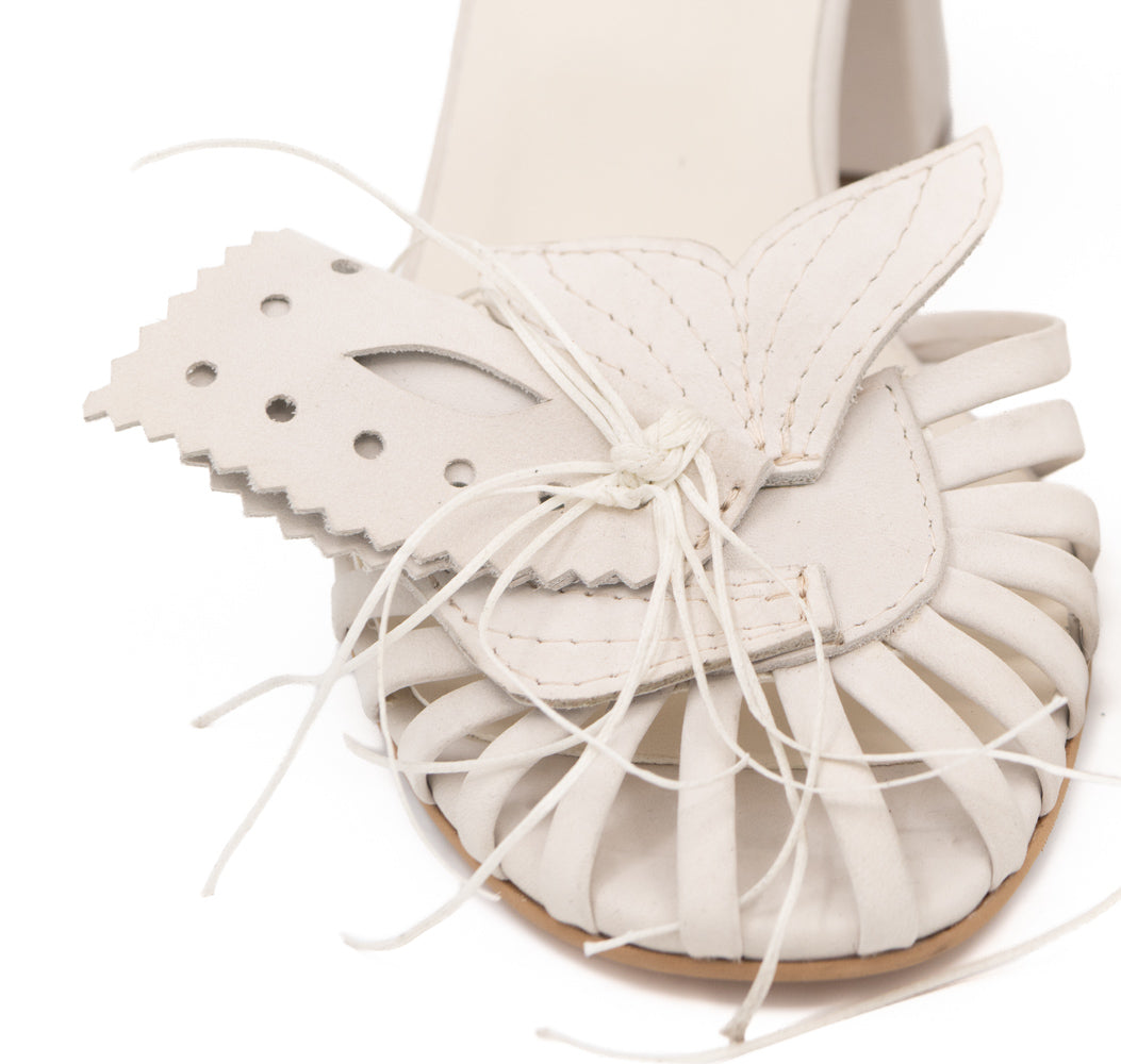Dandy Lover light beige nubuck sandals by Mihaela Glavan, close-up of the quilted fishtail shapes, cut-outs and fine ties.