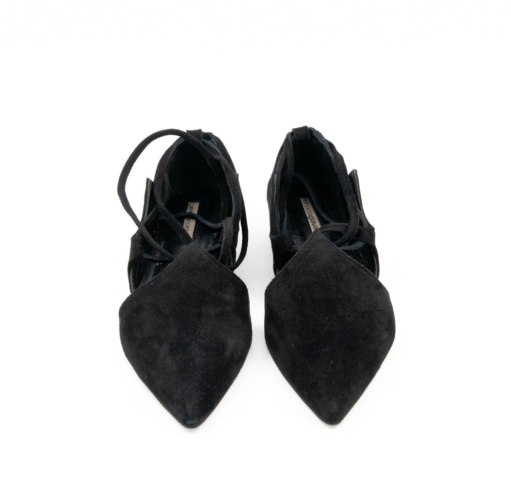 Desert Night black suede ballerinas by Mihaela Glavan, view from above showing the shaped upper and matching laces.