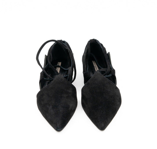 Desert Night black suede ballerinas by Mihaela Glavan, view from above showing the shaped upper and matching laces.