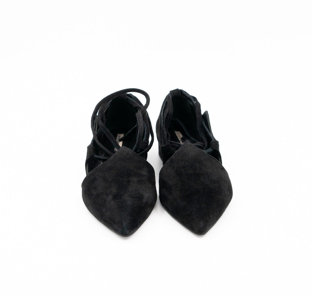 Desert Night black suede ballerinas by Mihaela Glavan, front view showing the pointed toes and black suede laces.