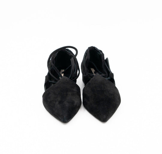 Desert Night black suede ballerinas by Mihaela Glavan, front view showing the pointed toes and black suede laces.