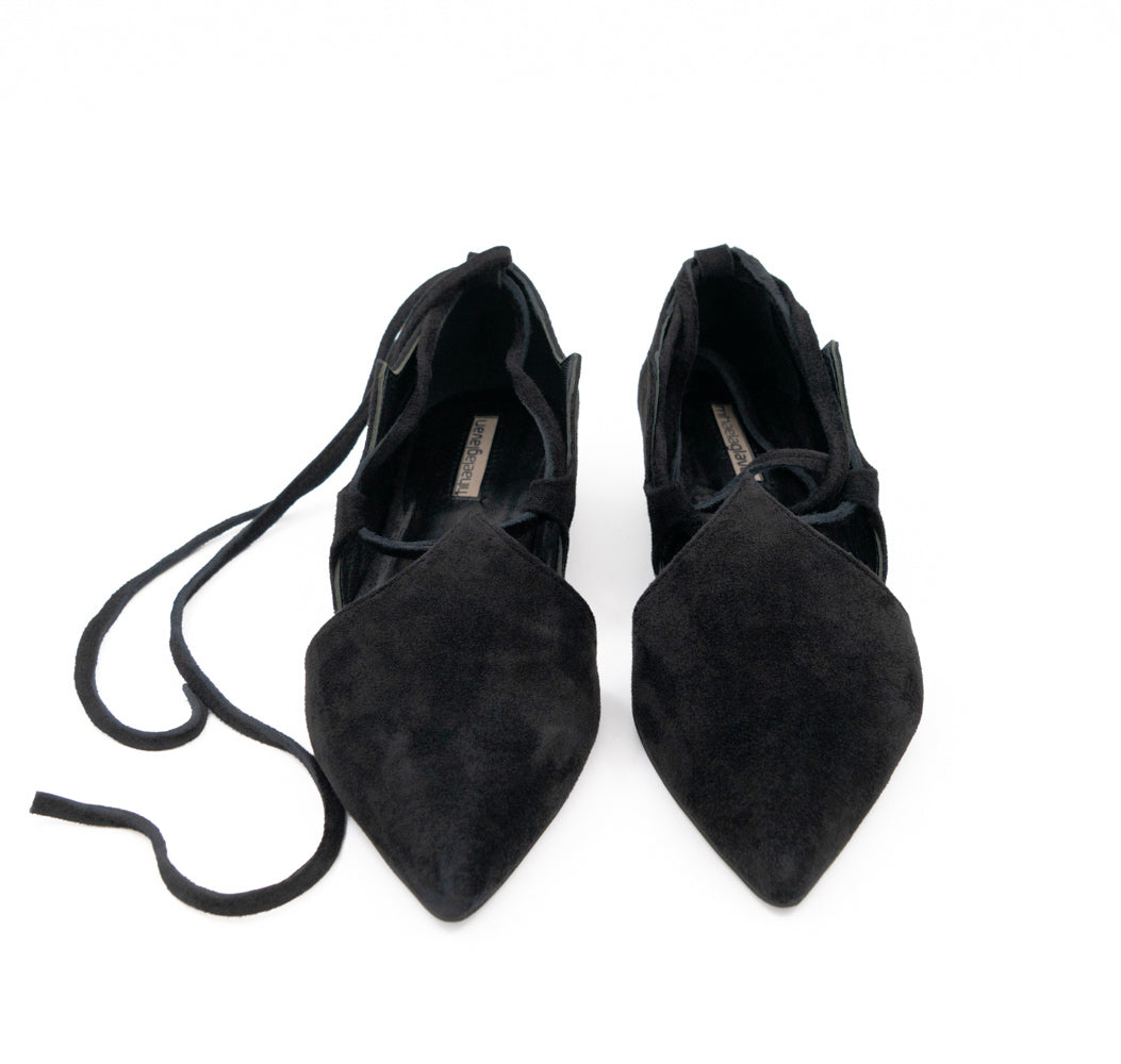 Desert Night black suede ballerinas by Mihaela Glavan, view from above with the black suede laces extended.