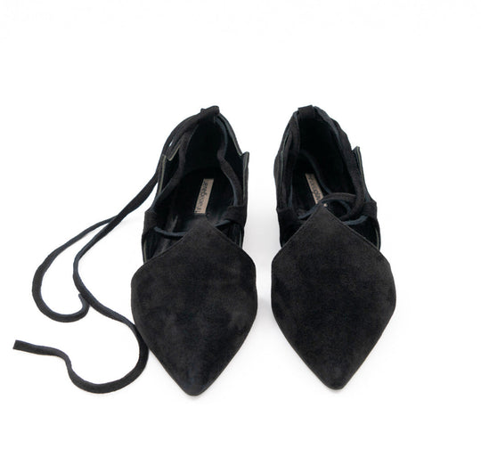 Desert Night black suede ballerinas by Mihaela Glavan, view from above with the black suede laces extended.