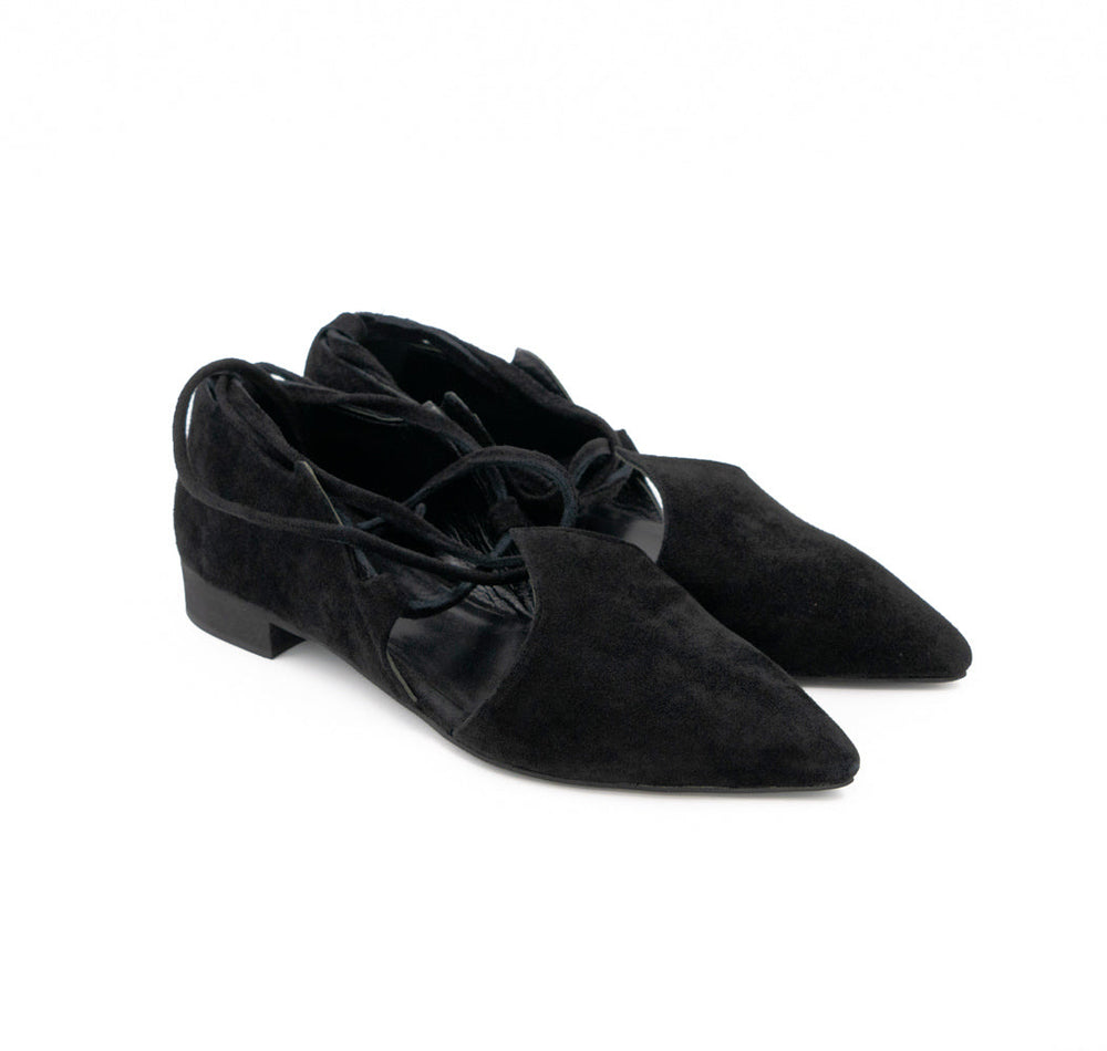 Desert Night black suede ballerinas by Mihaela Glavan, opposite three-quarter view of the black suede cut-out upper.