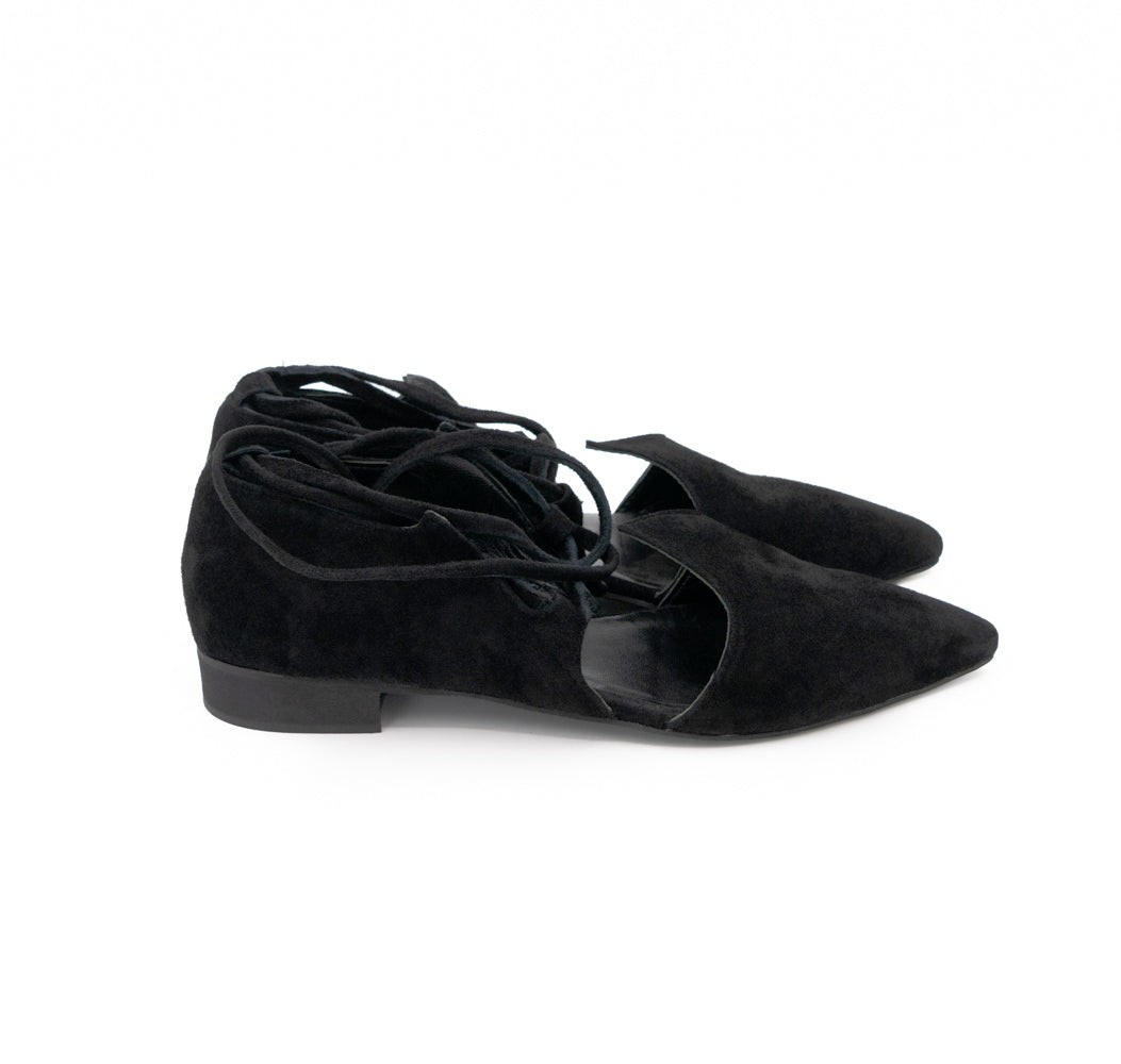Desert Night black suede ballerinas by Mihaela Glavan, side view showing the cut-outs and low black sole.