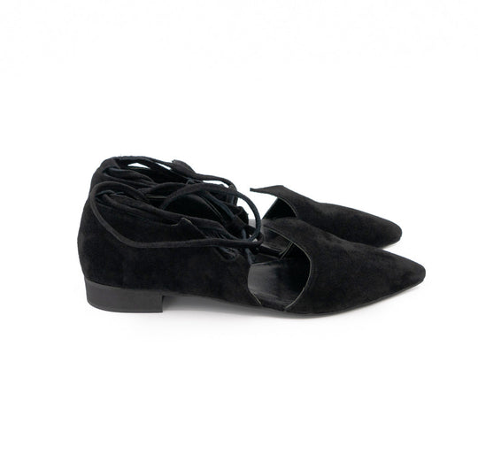 Desert Night black suede ballerinas by Mihaela Glavan, side view showing the cut-outs and low black sole.