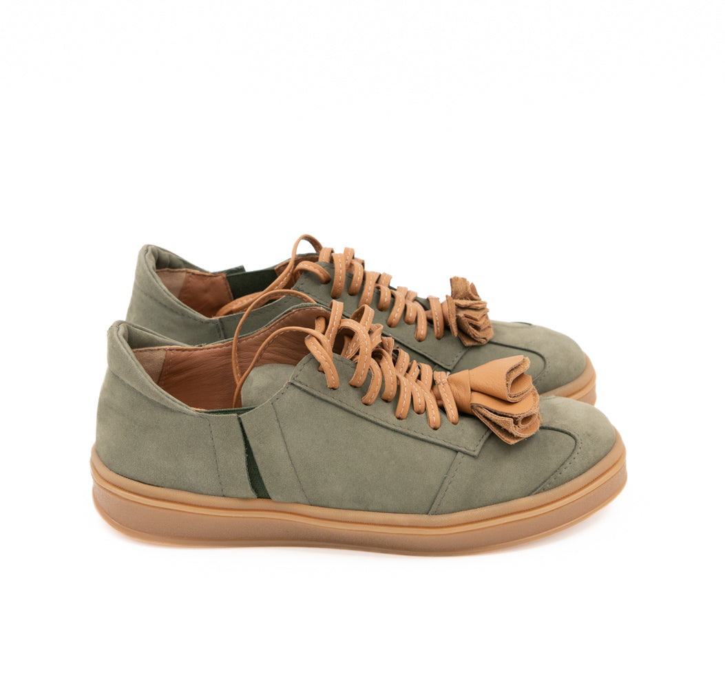 Make This Flower Great Again  khaki nubuck sneakers showing the low-top shape and tan soles, side profile.