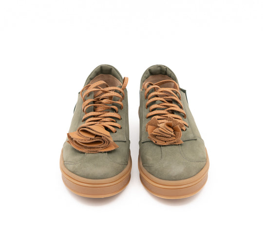 Make This Flower Great Again khaki nubuck sneakers showing tan laces and layered flower details, front view.
