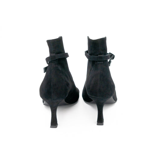 Meet Me Tonight black suede booties by Mihaela Glavan, back view showing the suede heel panels and slender heels.