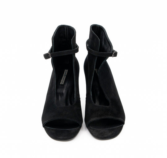 Meet Me Tonight black suede booties by Mihaela Glavan, front view showing the open toes and deep cut-outs.