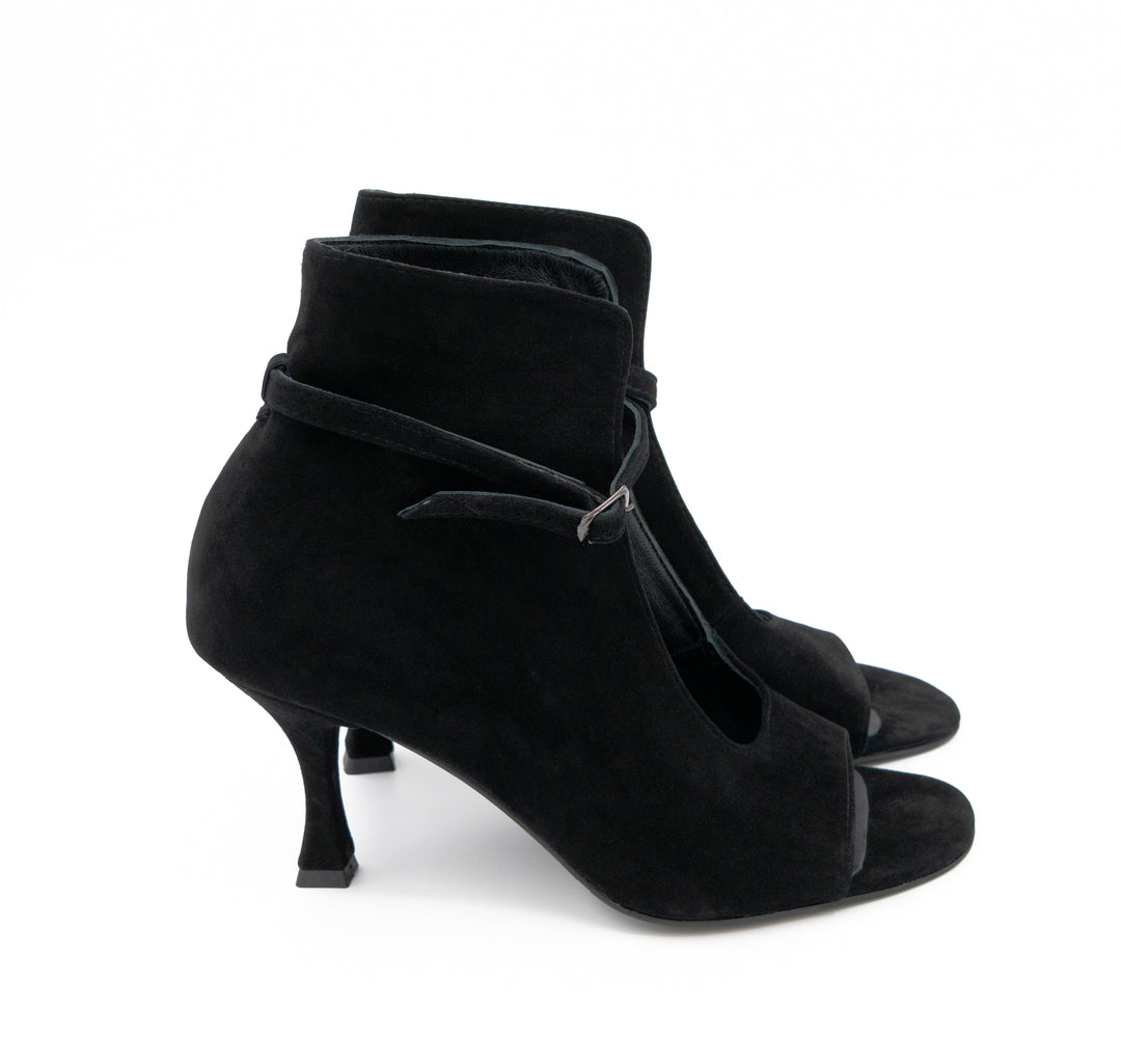 Meet Me Tonight black suede booties by Mihaela Glavan, side view showing the 5.5 cm heels and ankle straps.
