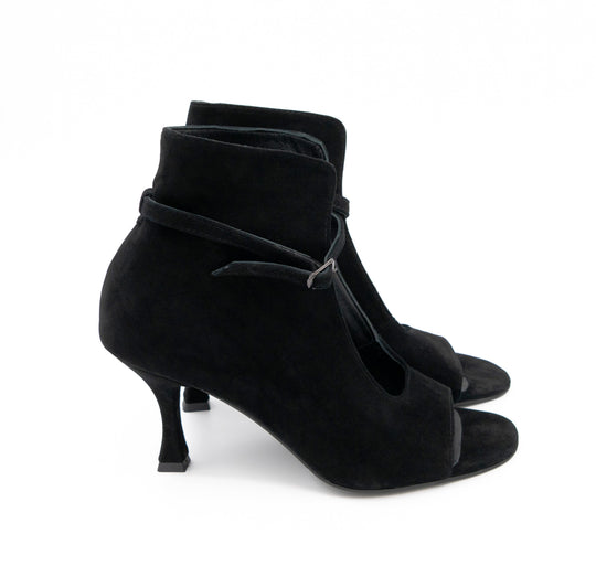 Meet Me Tonight black suede booties by Mihaela Glavan, side view showing the 5.5 cm heels and ankle straps.
