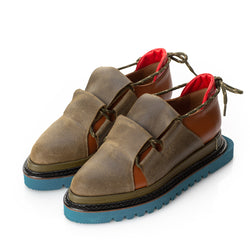 Brown leather flat platform shoes with colorful sole