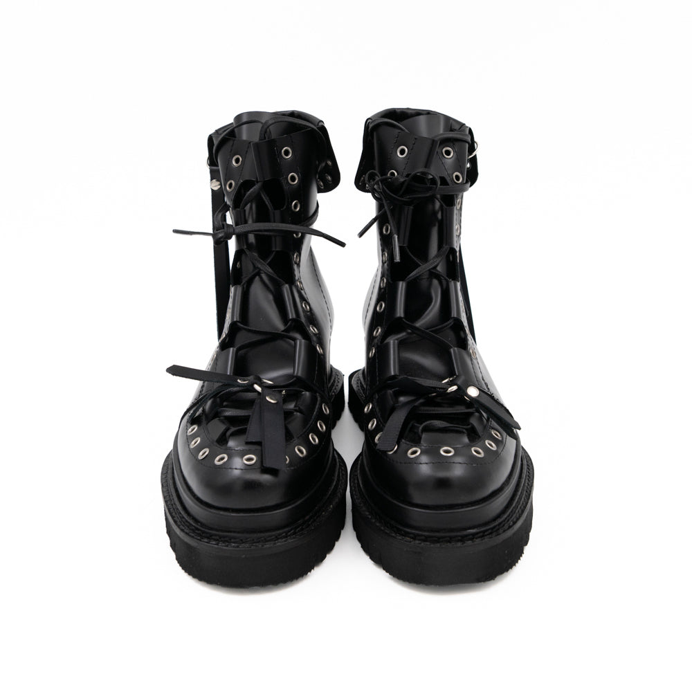 Punk Lover black leather lace-up booties by Mihaela Glavan, front view showing the eyelets and lacing.
