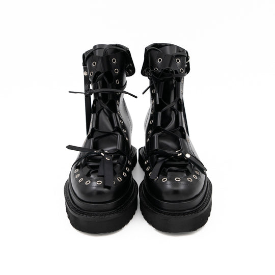 Punk Lover black leather lace-up booties by Mihaela Glavan, front view showing the eyelets and lacing.
