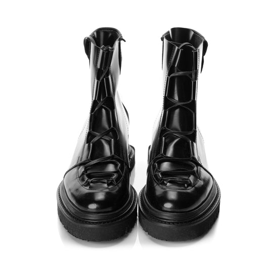 Seaside Greetings black leather booties