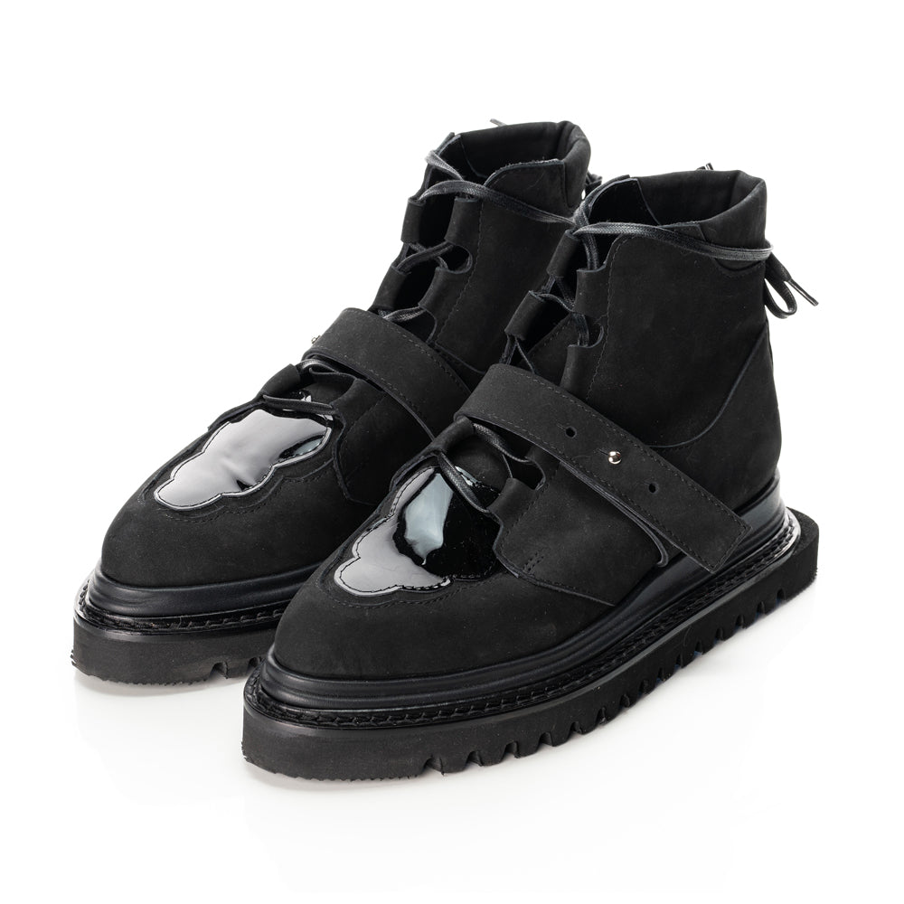 Black nubuck leather flat platform booties with black patent leather cloud detail 