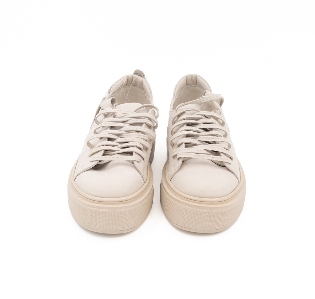 Teddy Soul light beige nubuck low-top sneakers by Mihaela Glavan, front view from above showing the lace-up upper and leather lining.