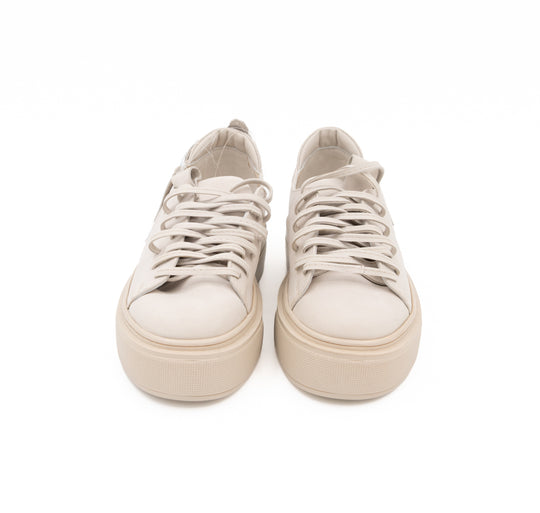 Teddy Soul light beige nubuck low-top sneakers by Mihaela Glavan, front view from above showing the lace-up upper and leather lining.