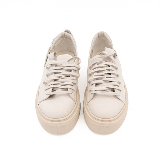 Teddy Soul light beige nubuck low-top sneakers by Mihaela Glavan, front view of the lace-up design and rounded toes.
