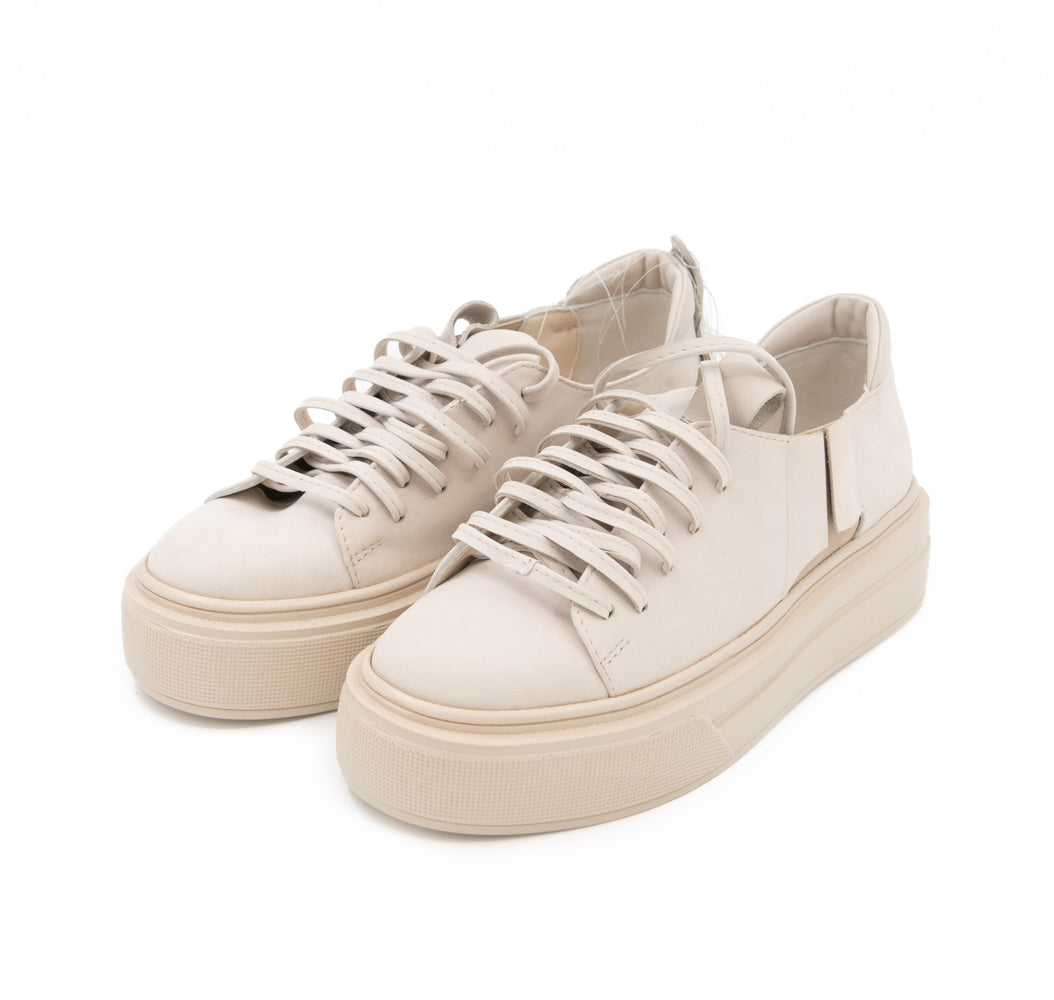 Teddy Soul light beige nubuck low-top sneakers by Mihaela Glavan, opposite three-quarter view showing the nubuck laces and elastic side panels.