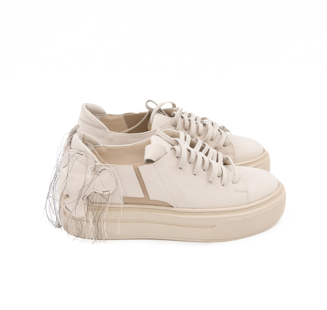 Teddy Soul light beige nubuck low-top sneakers by Mihaela Glavan, side view showing the elastic panel, raised sole and bear detail at the back.