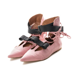 Pink leather lace-up booties with cool ribbon detail