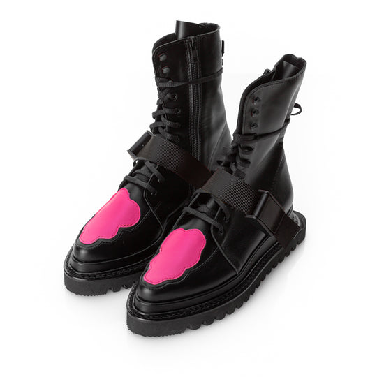Black leather flat platform booties with fuchsia detail and black metal zipper