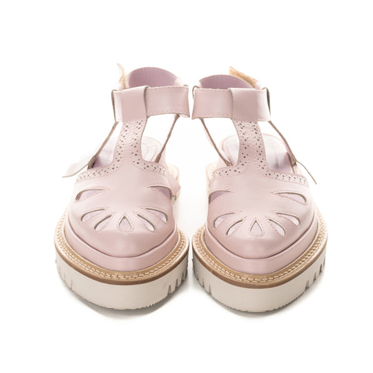 Pink leather t-strap shoes