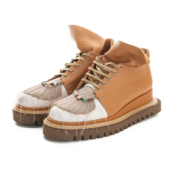 Handcrafted camel leather flat platform shoes