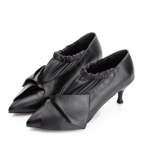 Unique black leather booties with 5.5-cm heel