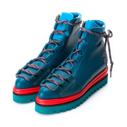 Blue leather flat platform boots with red leather tube plateau and turquoise sole