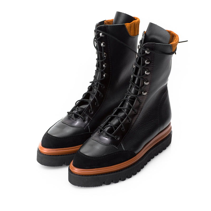 Cool black leather lace-up booties with fashionable camel suede detail