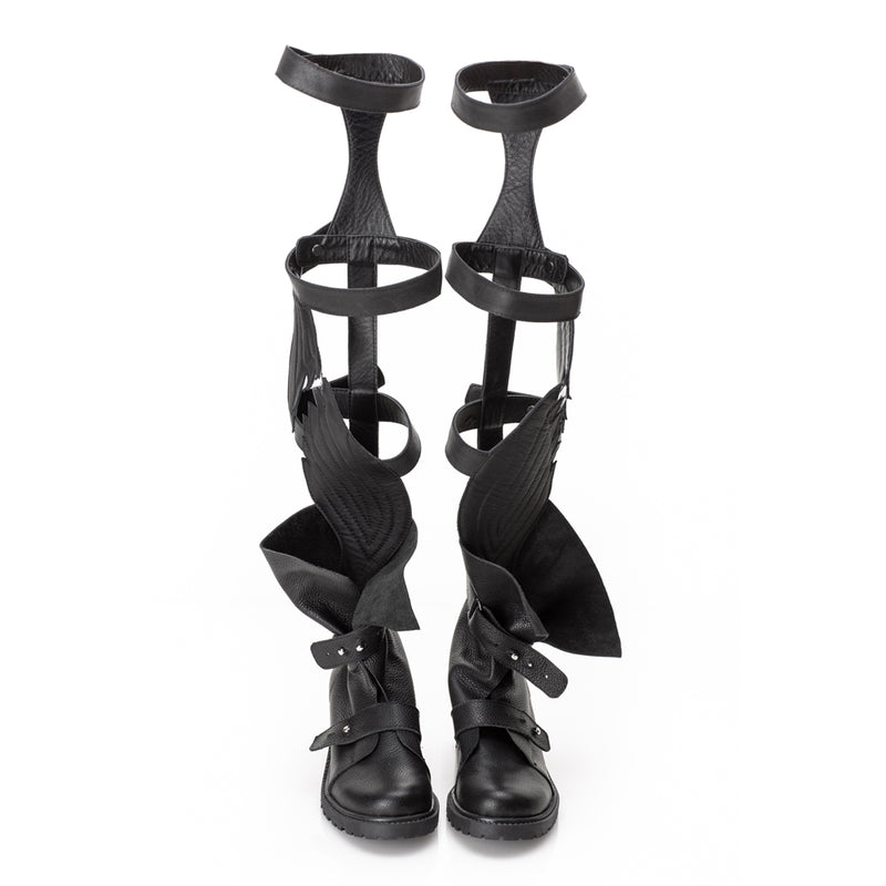 Fly with Me gladiator black leather boots
