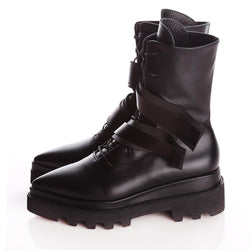 Flat platform black leather boots