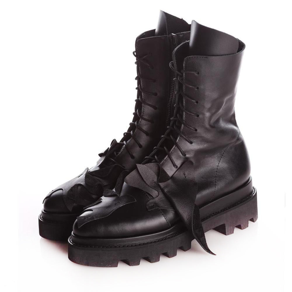 Minimalist handmade black leather boots with geometric black sole