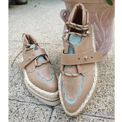  Beige leather flat shoes with aqua suede detail