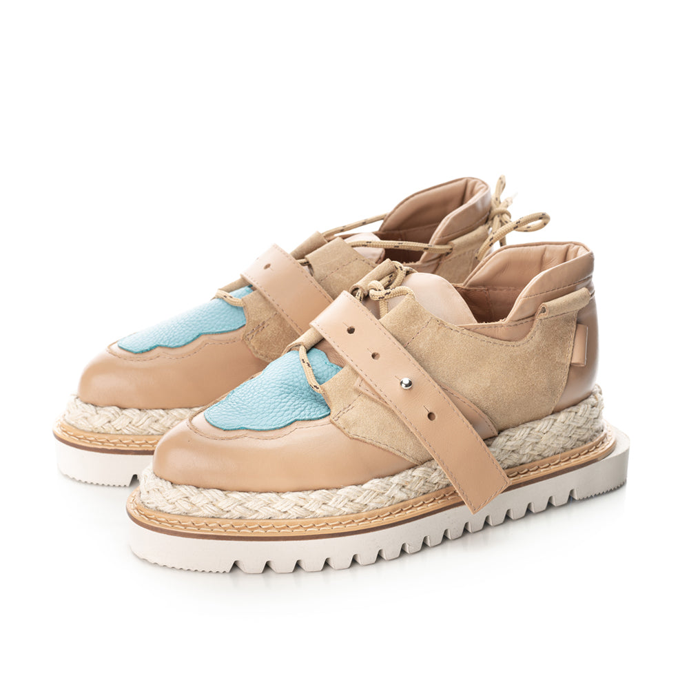 Beige leather flat platform shoes with light blue leather detail and metallic  accessories